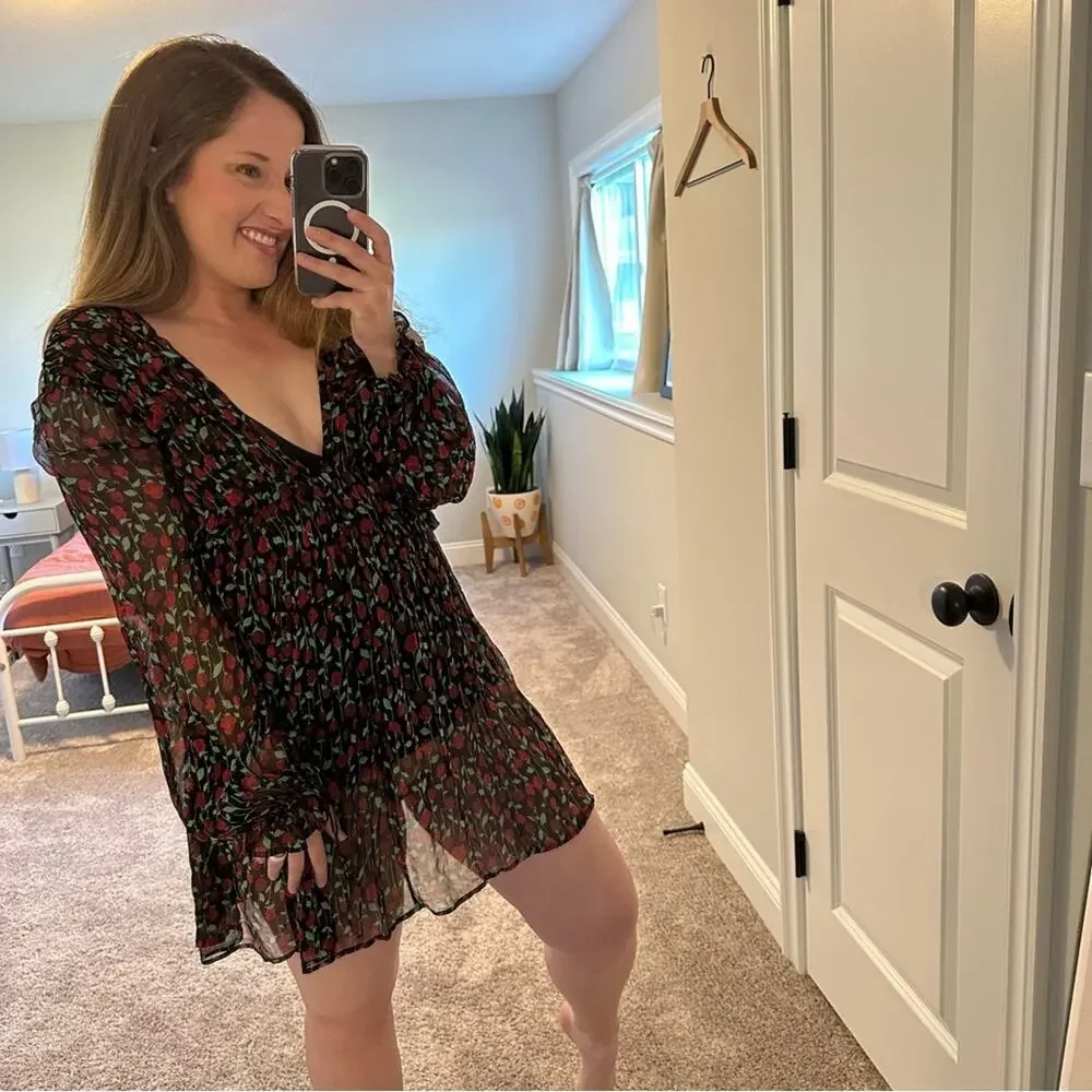 The Kooples Black Red Floral Silk Long Sleeve Mini Dress Small